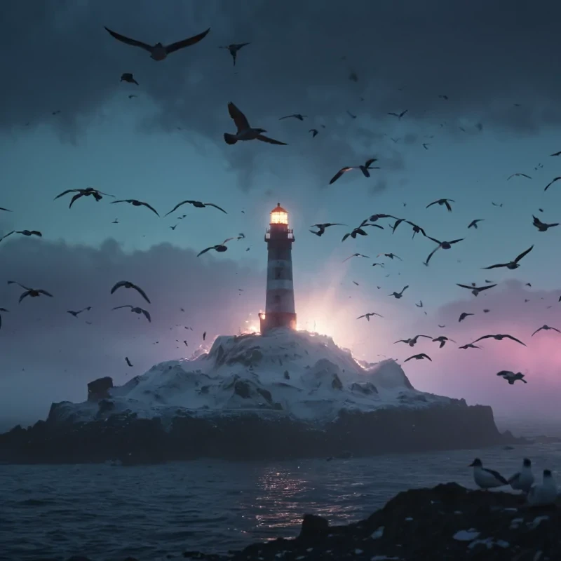 A lone, neonlit lighthouse standing tall on a desolate, mistcovered volcanic island, its beam illuminating a flock of ghostly, translucent seabirds frozen in midflight, hyperrealistic, 4K, cinematic lighting, atmospheric effects, dynamic lighting, bokeh effect, lens flare, vibrant colors, detailed textures.