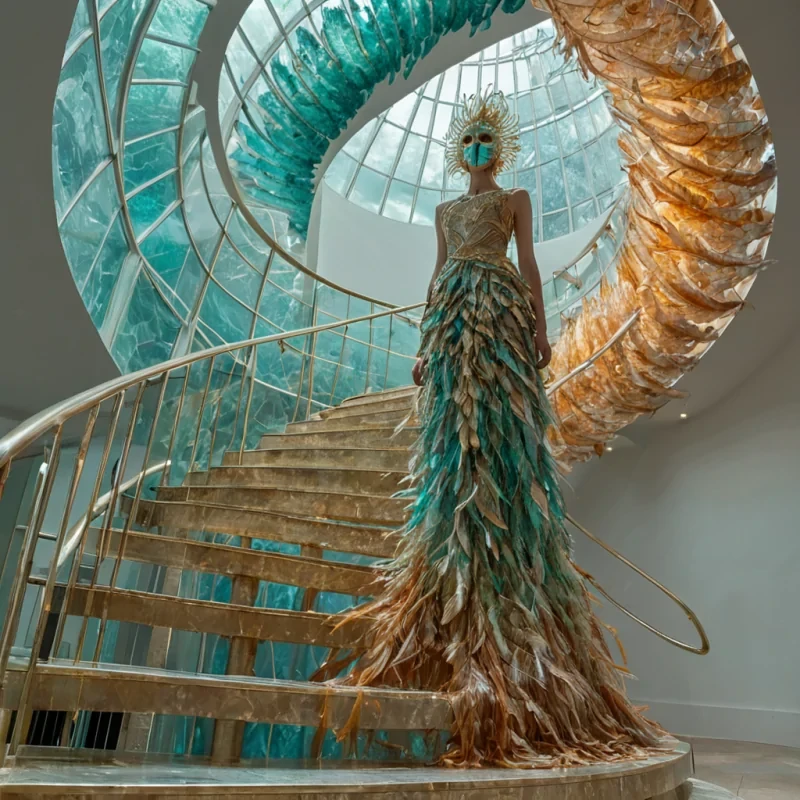 A hyperrealistic, lowangle wide shot of a colossal, spiraling stairwell constructed from translucent, amberhued resin blocks, each embedded with suspended, fossilized feathers in iridescent hues of teal and copper. The structure ascends into a void of swirling, pastelcolored clouds, illuminated by the soft, diffused light of a twinsun system. A solitary figure, dressed in a flowing, lightweight gown made of recycled metallic fibers that shimmer with shifting patterns of gold and silver, pauses on one of the treads, looking upward. Their face is partially obscured by a delicate, intricate mask made of woven glass strands. The camera lens captures the intricate textures of the resin and the soft, ethereal glow of the surrounding atmosphere,