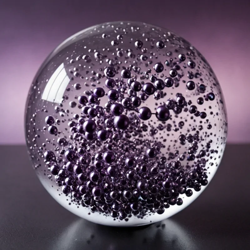 A closeup, eyelevel shot of a suspended, transparent sphere filled with a slowmoving, viscous fluid in shifting shades of deep plum and midnight blue. The interior contains a dense, chaotic swarm of tiny, metallic silver spheres that are not solid, but hollow, each reflecting the surrounding environment with perfect clarity. These spheres are held in place by a delicate, invisible magnetic field, creating a dynamic, swirling pattern that resembles a miniature galaxy. The outer shell of the large sphere is made of ultrathin, flexible glass with a subtle, hexagonal pattern etched into its surface, catching the soft, diffused light from an unseen source above. The background is a blur of soft, pastel pink and lavender hues, suggesting a dreamlike,