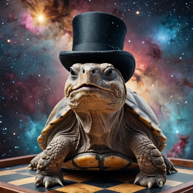 A photorealistic, closeup portrait of an elderly, wise tortoise wearing a tiny top hat and monocle, perched on a floating, ornate chessboard in the vast, empty void of space, with distant galaxies and nebulae swirling in the background, Ultra HD clarity and cinematic lighting.