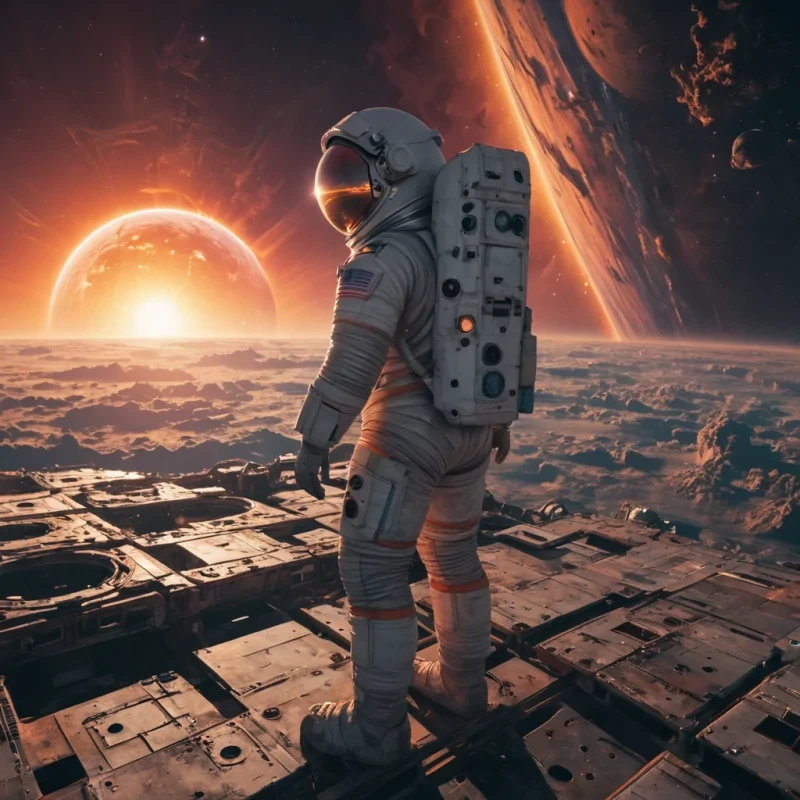 Orbital Sunset A lone, ancient astronaut, helmetless and barefoot, stands at the edge of a colossal, abandoned space station, gazing at the swirling, Ultra HD sunset of a distant, vibrant nebula. Cinematic lighting casts dramatic shadows, while atmospheric effects create a soft, pastel glow. The stations rusted, detailed textures contrast with the astronauts smooth, hyperrealistic skin, as lens flare from the setting star accentuates their determined, yet melancholic expression.