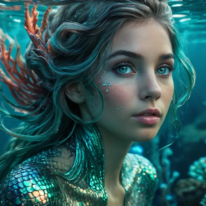 A hyperrealistic, 4K, ultra HD portrait of an underwater mermaid, her iridescent scales shimmering with the colors of a vibrant coral reef. The mermaids eyes, a deep, enigmatic turquoise, hold the secrets of a thousand oceanic mysteries. Her hair, a cascade of shimmering, seaweedlike tendrils, gently pulses with each beat of her aquatic heart. The background is a surreal, hightech underwater city filled with floating crystal spires and the soft glow of bioluminescent algae. Cinematic lighting accentuates the mermaids otherworldly beauty, while a subtle bokeh effect blurs the neonlit ocean depths, creating an intimate, focused atmosphere.
