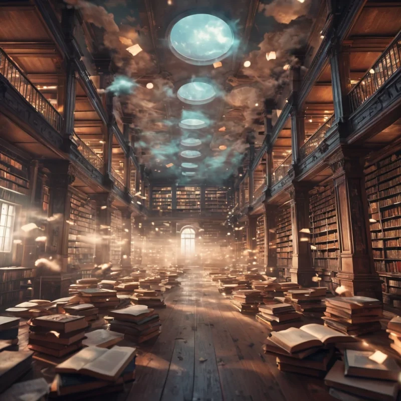 A vast, abandoned library floating in the clouds, its shelves filled with levitating, glowing manuscripts, hyperrealistic, ultra HD, cinematic lighting, volumetric lighting, atmospheric effects, dynamic lighting, bokeh effect, soft focus, lens flare, pastel tones, detailed textures.