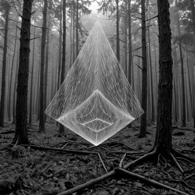 A single, selforganizing lattice of crystalline silence expands through the core of a floating, inverted forest of petrified soundwaves suspended in the quantum vacuum between two collapsing resonant frequencies. The lattice does not growit unresonates, each node dissolving a harmonic into its original stillness, releasing a wave of zeroentropy vibration that fractures the fabric of acoustics into a drifting mist of prismatic, geometric echoes, each one etched with the chromatic afterimage of a note that never vibrated in a world that never heard. The forests trees are not rootedthey are frozen moments of silence, each trunk a hollowedout echo of a breath held in anticipation of a melody that never began. The leaves