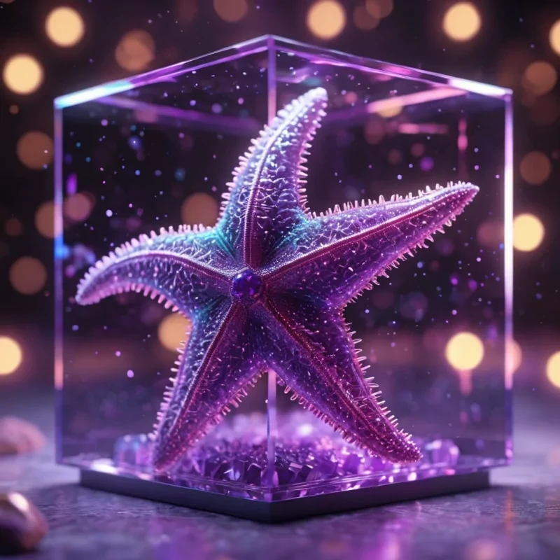 Hyperrealistic neon starfish with reflective metallic spines dancing in a cubic amethyst chamber filled with shimmering quantum haze, holographic filaments weaving in dynamic lighting, bokeh effect, pastel tones, 4K