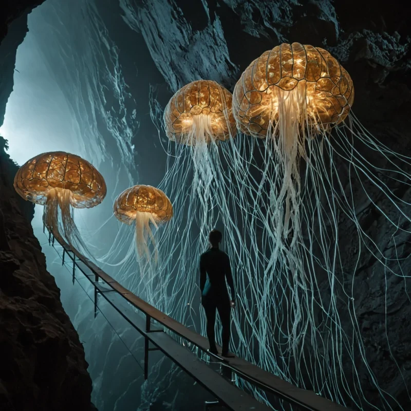 A horizontal, eyelevel wide shot of a vast, suspended archive constructed from interwoven strands of glowing, fibrous mycelium that form a honeycomb lattice spanning a deep, foggy gorge. The air is filled with floating, translucent data pods resembling jellyfish, pulsing with soft, bioluminescent rhythms of teal and amber. In the foreground, a data archivist with skin resembling polished alabaster and wearing a sleek, formfitting suit of mattegray neoprene adorned with subtle, circuitlike embroidery stands on a narrow, swaying bridge of woven fiber. They are gently cradling a small, crystalline orb that projects a holographic map of a star system in intricate, shifting lines of light. The