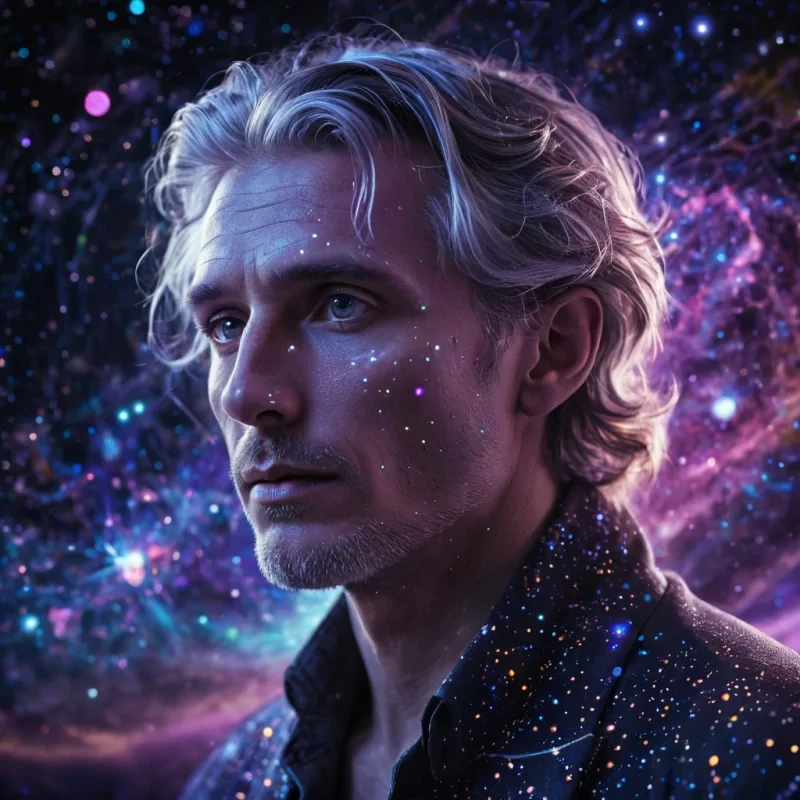 A hyperrealistic, 4K, ultra HD portrait of a celestial architect, his iridescent skin shimmering with the colors of a neondrenched star map at night. The architects eyes, a deep, enigmatic amethyst, hold the secrets of a thousand cosmic blueprints. His hair, a cascade of shimmering, holographic constellations, gently pulses with each beat of his astral heart. The background is a surreal, hightech observatory filled with floating quantum telescopes and the soft glow of spectrometers. Cinematic lighting accentuates the architects otherworldly beauty, while a subtle bokeh effect blurs the neonlit cosmos, creating an intimate, focused atmosphere.