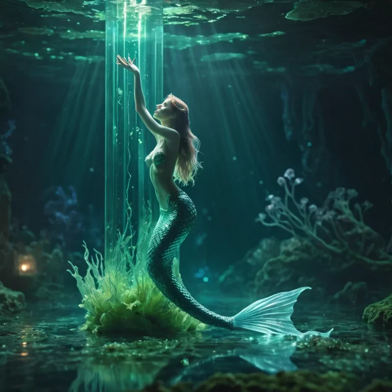 A lone, levitating mermaid suspended in a crystal chamber, her iridescent tail shimmering in the glow of bioluminescent algae, hyperrealistic, Ultra HD, cinematic lighting, volumetric lighting, atmospheric effects, soft focus, lens flare, pastel tones, detailed textures.