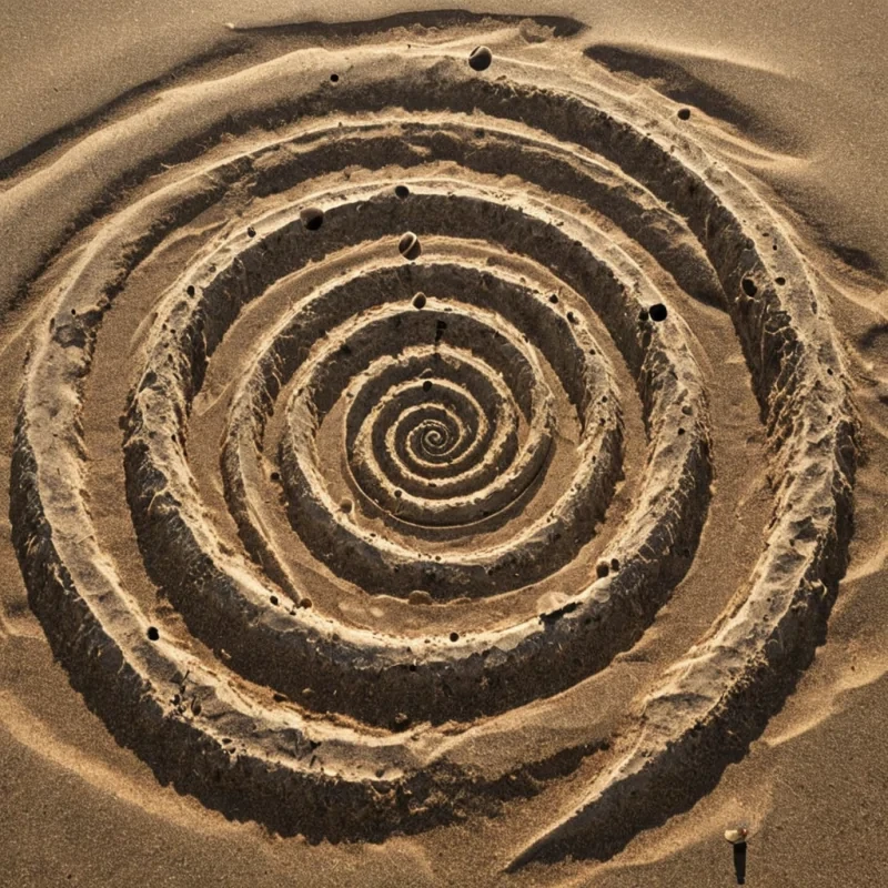 A single, selfrewriting constellation of reversed time, shaped like a 7,193dimensional spiral of unformed chronology and inverted causality, rotates at the center of a vast, inverted desert of solidified stillness. Each star is born from the exact moment between a clocks hands turning and their refusal to move, a memory being recalled and dissolving into nonsequence, a footstep landing on sand and collapsing into pure, unmeasured nonprogress. The spiral does not mark timeit unmarks it, each fading point shedding a layer of temporal potential that never coalesced into past, present, or future, reforming into ephemeral, amethystveined dust that drifts backward through the air like