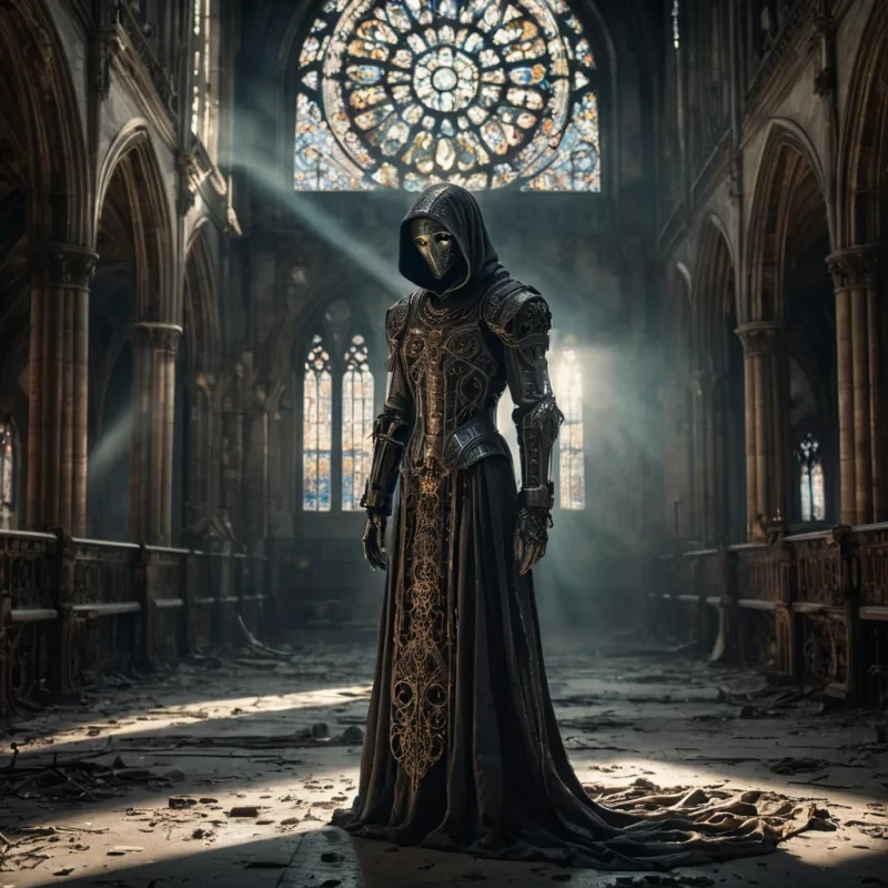 Photorealistic, Ultra HD portrait of a melancholic, sentient automaton, its metallic body adorned with intricate, tarnished filigree, standing alone in a vast, abandoned cathedral, surrounded by towering, gothic arches and faded, stainedglass windows, with cinematic lighting casting dramatic shadows and emphasizing the intricate, steampunkinspired design, and a subtle, cool bokeh effect creating a sense of isolation and melancholy, as a lone, spectral comet streaks across the night sky, its glowing tail leaving a trail of stardust in its wake, while a spectral, ethereal figure, cloaked in a tattered, hooded robe, stands silently at the edge of