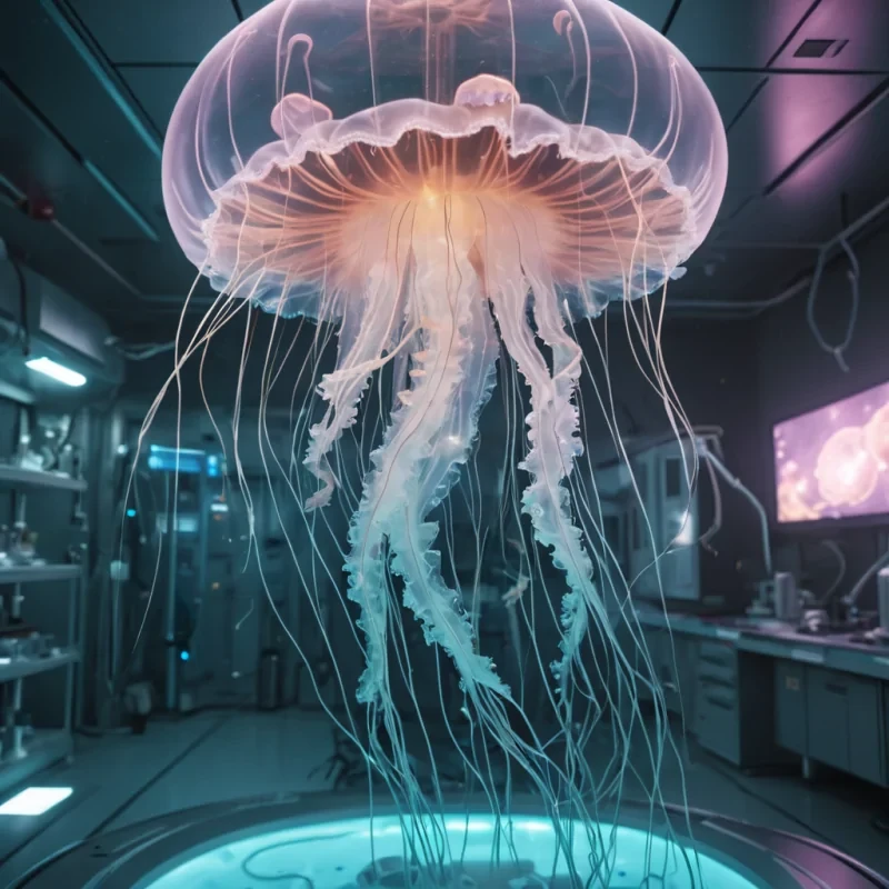 A glowing, ethereal jellyfish drifting through a zero gravity, underwater research station, its tendrils illuminating the surrounding lab equipment with bioluminescent light, hyperrealistic, 4K, cinematic lighting, volumetric lighting, atmospheric effects, dynamic lighting, soft focus, pastel tones, detailed textures.