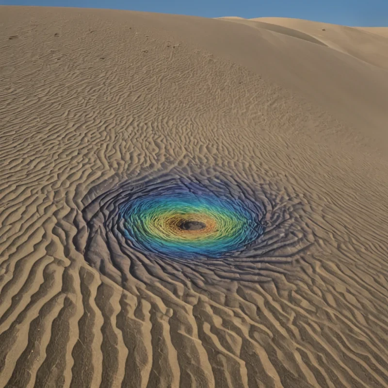 A single, selfilluminating filament of inverted rainbows pulses through the core of a floating, inverted desert of solidified echoes, its structure not sand or dune but woven from the thermal afterimage of a thousand unshouted oaths that never cracked the silence of a world that never swore. The filament does not refractit unrefracts, each pulse dissolving a spectrum into its original monochrome, releasing a wave of negative resonance that fractures the fabric of sound into a drifting mist of iridescent, geometric shards, each one etched with the chromatic echo of a promise that never echoed across the dunes of a wasteland that never held a witness. The deserts dunes are not shiftingthey are suspended