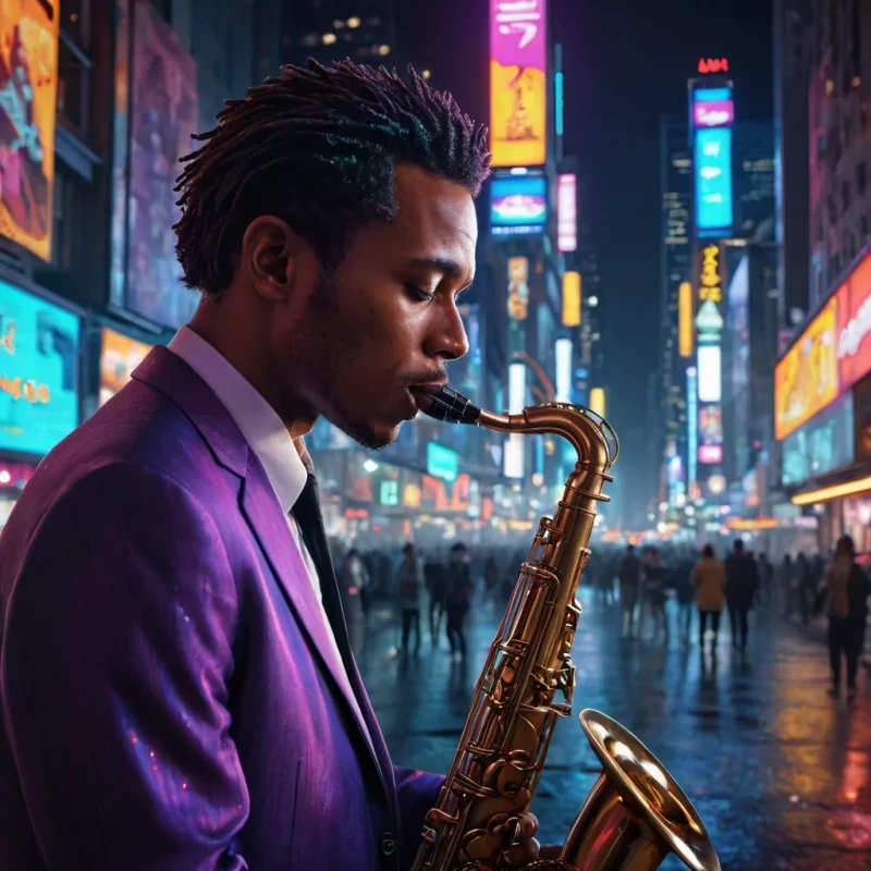 A hyperrealistic, 4K, ultra HD portrait of a futuristic jazz musician, his iridescent skin shimmering with the colors of a neondrenched cityscape at night. The musicians eyes, a deep, enigmatic amber, hold the secrets of a thousand improvised melodies. His hair, a cascade of shimmering, holographic notes, gently pulses with each beat of his rhythmically attuned heart. The background is a surreal, urban landscape of towering skyscrapers and floating holographic advertisements, with distant jazz clubs and the soft glow of vintage neon signs casting an ethereal ambiance. Cinematic lighting accentuates the musicians otherworldly beauty, while a subtle bokeh effect blurs the neonlit cityscape,