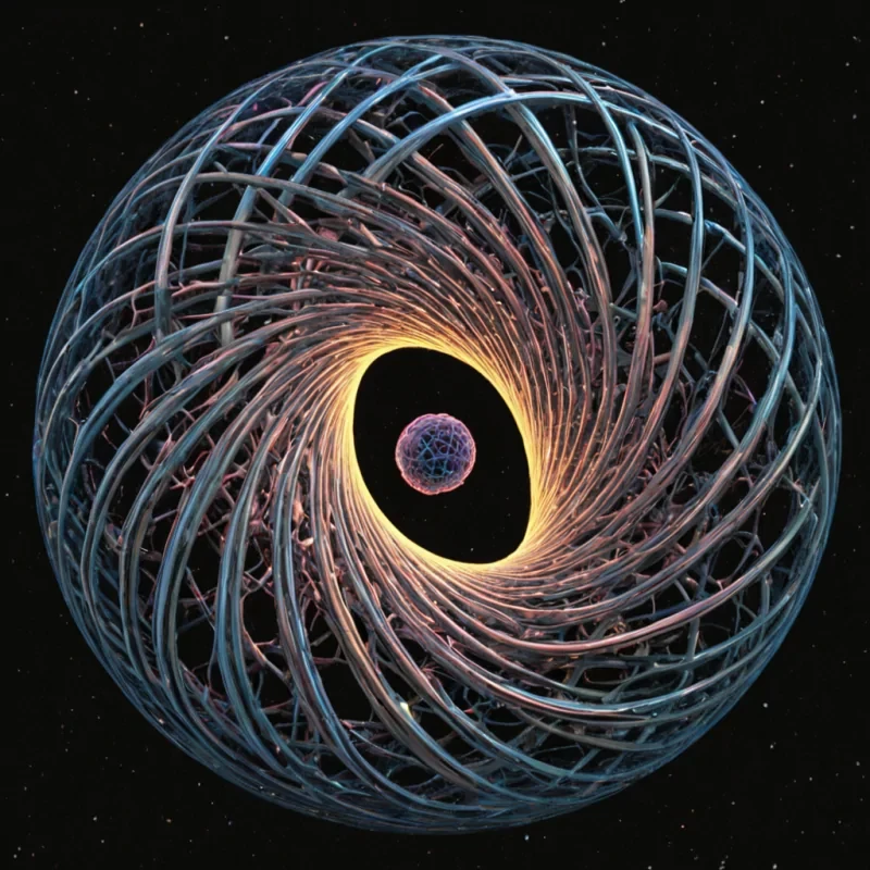 A single, selfoscillating filament of solidified quantum foam, shaped like a spiraling, nonEuclidean lattice of reversed spacetime curvature, pulses at the center of a vast, inverted chronosphere suspended in the thermodynamic equilibrium between two entangled moments of nonexistence. The filament does not vibrateit unentangles, each twist dissolving a layer of potential that never coalesced into a particle, reforming into ephemeral, iridescent voids shaped like the negative space between two hands that never touched in the same moment of mutual nonbeing. The chronosphere is not temporalit is a layered expanse of petrified absence, each stratum etched with the gravitational residue of a decision that