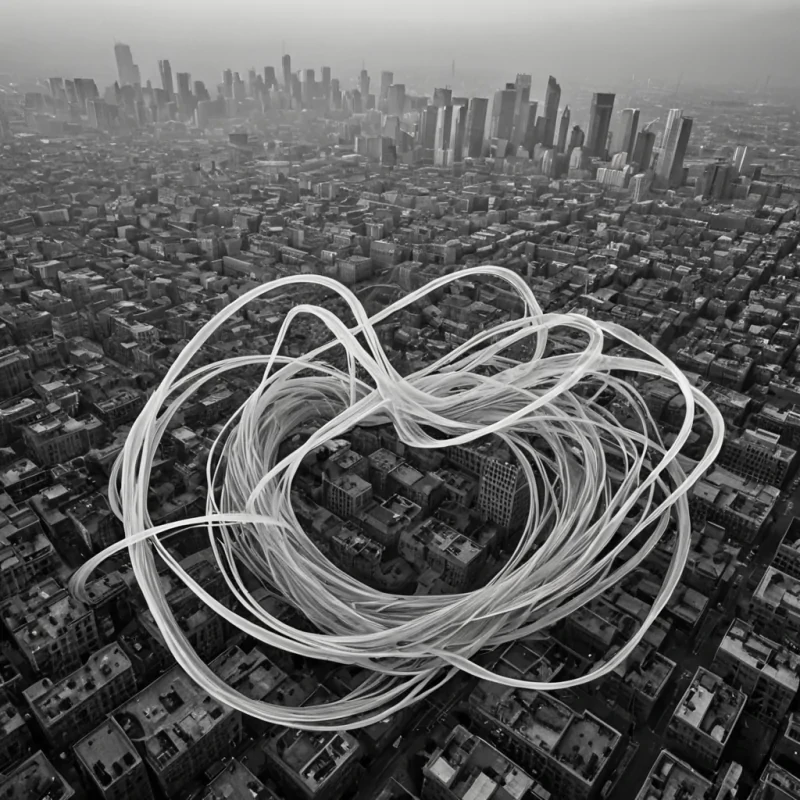 A single, selfilluminating filament of solidified wind, shaped like a twisting, nonNewtonian ribbon of suspended breaths, drifts through the center of a vast, inverted cityscape built not from concrete or steel, but from the compressed echoes of unspoken conversations from a civilization that communicated through the rhythm of shared silences. The filament does not moveit unbreathes, each coil dissolving a layer of air that never existed, reforming into ephemeral, prismatic gusts shaped like the negative space between two lips that never parted in the same moment of confession. The city is not urbanit is a layered expanse of petrified stillness, each building etched with the acoustic residue of a whisper