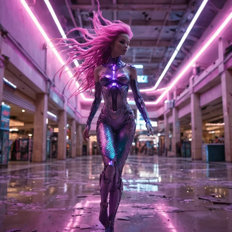 A cybernetic mermaid gliding through a neonlit, abandoned shopping mall, hyperrealistic, 4K, cinematic lighting, volumetric lighting, atmospheric effects, dynamic lighting, bokeh effect, soft focus, lens flare, neon pinks and electric purples, detailed textures.