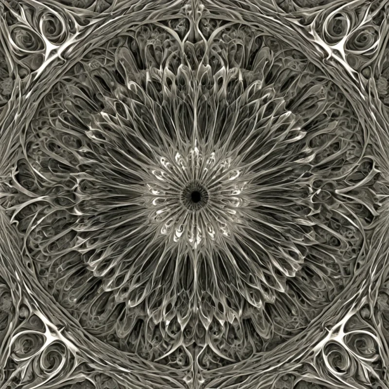 A single, selfilluminating fractal of reversed geometry, shaped like a 12,345dimensional tessellation of unformed symmetry and inverted proportion, pulses at the center of a vast, inverted garden of solidified asymmetry  each petal carved from the exact moment between a hand folding paper and its refusal to form a crease, a mirror reflecting a face and dissolving into nonreflective distortion, a seed splitting and collapsing into pure, unmeasured imbalance. The fractal does not construct form  it unconstructs it, each shifting facet shedding a layer of spatial potential that never coalesced into coherent shape, reforming into ephemeral, jadethreaded afterimages shaped like the negative space between