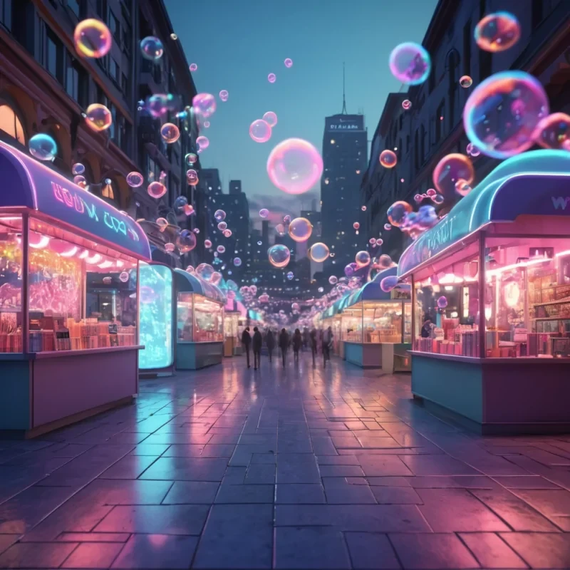 Hyperrealistic neon bazaar at twilight with reflective metallic kiosks and swirling holographic bubbles, volumetric lighting, dynamic shadows, bokeh effect, pastel tones, 4K