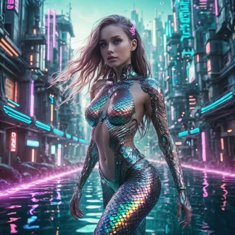 A cyborg mermaid with iridescent scales and neon circuit patterns, swimming through a futuristic underwater city, hyperrealistic, Ultra HD, cinematic lighting, volumetric lighting, atmospheric effects, dynamic lighting, bokeh effect, pastel tones, detailed textures.