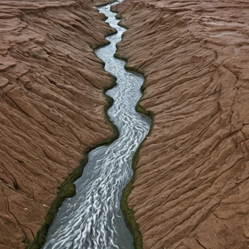 A single, selfrewinding river of reversed water, shaped like a 42,000dimensional cascade of unformed fluidity and inverted hydrodynamics, flows upward through the center of a vast, inverted canyon of solidified drought  each droplet forged from the exact moment between a raindrop forming in the cloud and its refusal to fall, a tear welling in the eye and dissolving into nonliquid stillness, a wave cresting on the shore and collapsing into pure, unmeasured nonmoisture. The river does not carry life  it uncarries it, each ascending ripple shedding a layer of aqueous potential that never coalesced into wetness, reforming into ephemeral, s