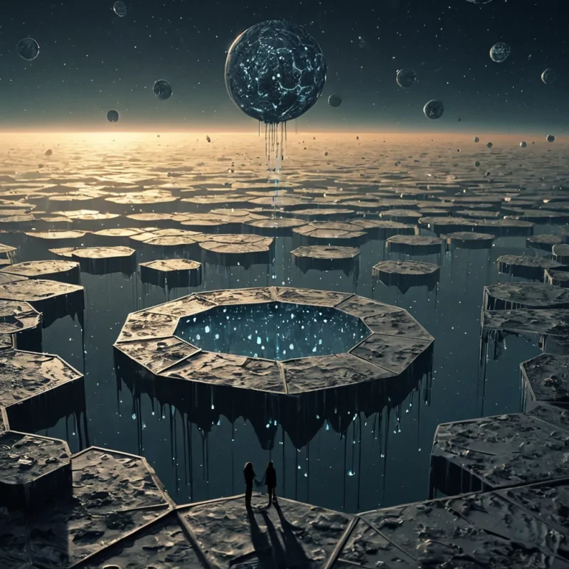 A vast, floating archipelago of mirrored, hexagonal platforms drifts through the upper atmosphere of a planet with no gravity, each platform suspended by invisible tethers of solidified sunlight. The surfaces are not reflective, but absorptivethey swallow light and reemit it as faint, shifting afterimages of people who never existed, their silhouettes flickering like old film projections. Between the platforms, rivers of liquid data flow in slow, silent currents, composed of fragmented, corrupted memories from a forgotten digital ageeach droplet contains a single, distorted moment a handshake in a neonlit alley, a childs laughter in a snowless winter, a love letter written in binary code. The sky is a