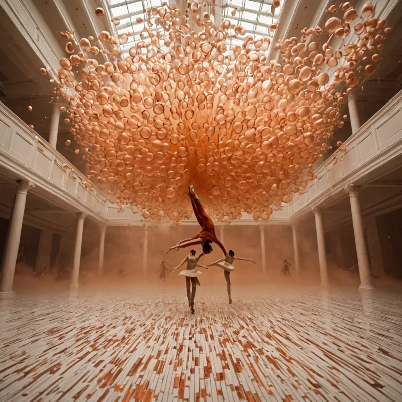 A dynamic, highspeed motion capture photograph of a colossal, abstract ballet performance occurring in a vast, zerogravity atrium filled with dense, warm orange fog. The dancers are not human, but fluid, amorphous blobs of molten gold that stretch and contort in exaggerated, liquidlike arcs, their surfaces highly reflective and smooth, capturing the distorted reflections of the surrounding environment. They move above a floor composed of thousands of tiny, individual, matte white piano keys that are slightly raised and floating in a shallow, undulating wave pattern, creating a textured, rhythmic topography. Suspended in the air around the dancers are hundreds of thin, rigid, vertical slices of frozen water, each containing a single, suspended bubble of deep red