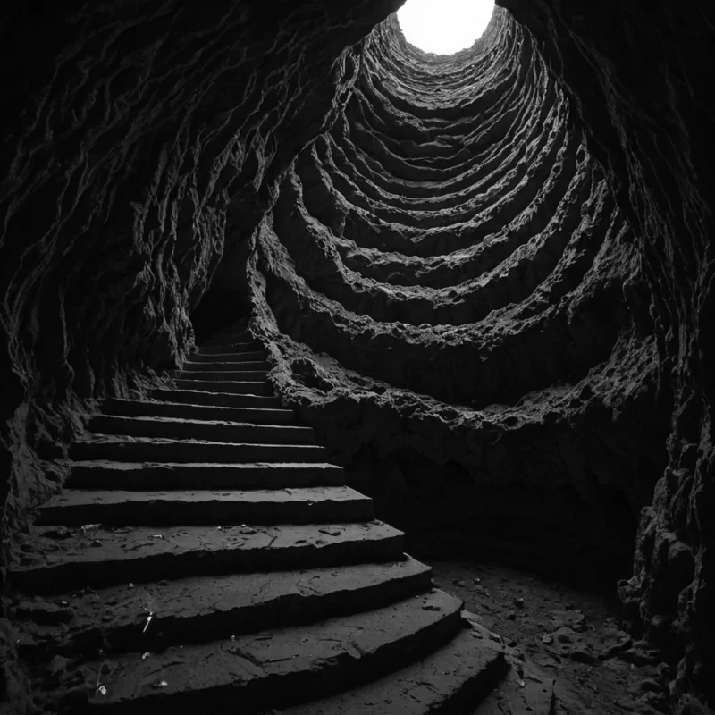 A single, spiraling staircase made of solidified silence and woven moonlight ascends through the center of a vast, still cavern carved from the inside of a dormant volcano, its steps not stone but layers of compressed breath from a thousand unspoken goodbyes, each one glowing faintly with the afterimage of a name whispered in the dark. The staircase does not lead upwardit spirals inward, descending into the earth like a wound that never healed, its railings not metal but strands of solidified regret, humming faintly with the frequency of a lullaby never sung. At the base, a hollow, geometric pool made of liquid memory reflects not the sky, but the shape of a question mark every time a breath passes near it