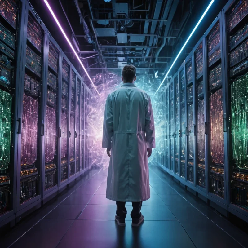 Quantum Whisper A solitary, hyperrealistic, quantum physicist, cloaked in a vibrant, Ultra HD, neonlit lab coat, stands in the heart of a colossal, surreal, holographic supercomputer. The supercomputers intricate, detailed textures pulsate with cinematic, volumetric lighting, casting dynamic shadows across its sprawling, geometric circuits. Atmospheric effects create a swirling, ethereal mist, revealing the physicists serene, introspective expression as they gaze upon a mesmerizing, ultraHD quantum fluctuation, dancing gracefully within the supercomputers core. The fluctuations iridescent, pastel hues cast a soft, bokeh effect, illuminating the physicists weathered,