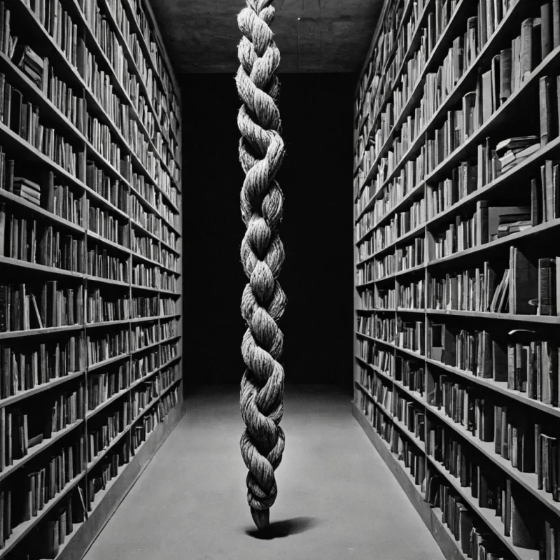 A single, selfentangling knot of reversed silence, shaped like a 741dimensional braid of unformed stillness and inverted resonance, floats at the center of a vast, inverted archive of solidified soundeach shelf carved from the exact moment between a word being spoken and its refusal to be understood, a melody forming and dissolving into nonauditory mist, a voice rising and collapsing into pure, unmeasured absence. The knot does not contain silenceit uncontains it, each twisting strand shedding a layer of linguistic potential that never coalesced into shared meaning, reforming into ephemeral, amethystveined afterimages shaped like the negative space between two lips that never parted to speak the same unsaid