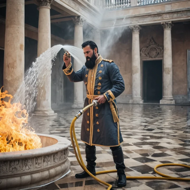 Modern, handsome king with a black beard is desperately spraying huge amounts of water a fire hose putting out a fire in the palace.
