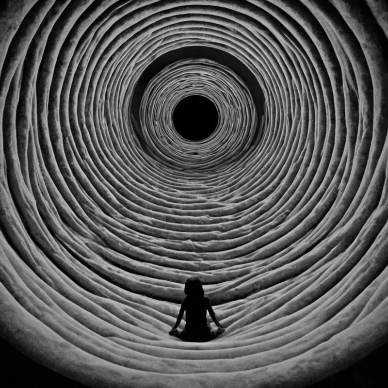 A single, selfoscillating filament of solidified memory foam, shaped like a spiraling, nonNewtonian helix of reversed nostalgia, pulses at the center of a vast, inverted cinema suspended in the vacuum between two nonrotating, silent black holes. The filament does not replayit unremembers, each twist dissolving a layer of recollection that never coalesced, reforming into ephemeral, monochrome film strips shaped like the negative space between two eyes that never blinked in the same moment of shared wonder. The cinema is not architecturalit is a layered expanse of petrified anticipation, each seat etched with the thermal residue of a laugh that was almost heard, its surface shimmering with the