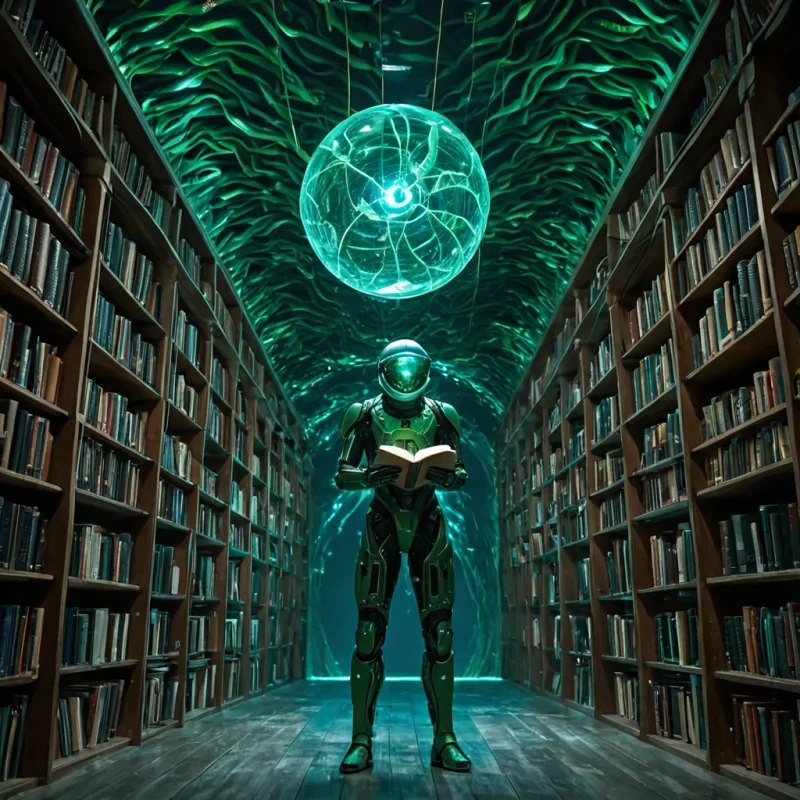 A photorealistic, eyelevel medium shot of a vast, suspended library constructed from interlocking layers of translucent, layered kelp and bioluminescent algae, floating within a deep, azure underwater cavern. The shelves are not solid wood but woven strands of glowing fiberoptic cable that pulse with rhythmic, soft white light, creating a mesmerizing, neuralnetworklike structure. In the center, a solitary figure wearing a sleek, mattegreen exosuit with a clear, spherical helmet drifts weightlessly, holding a delicate, open book made of thin, flexible solar panels that display shifting, holographic text. Surrounding the figure are dozens of small, curious fish with scales that reflect the ambient light like prisms, swimming through the