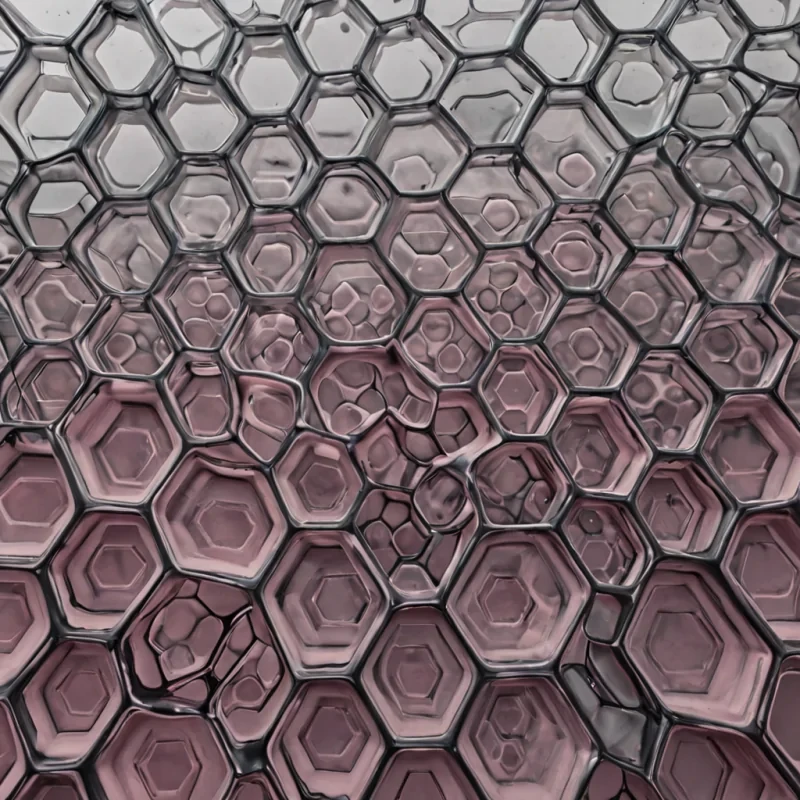 A macro, sideangle shot of a crosssection of a giant, translucent honeycomb structure made of woven, flexible silicone filaments in alternating shades of dusty rose and slate gray. Each hexagonal cell contains a perfectly preserved, frozen moment of liquid interaction a single, slowmoving droplet of opaque, creamcolored emulsion colliding with a thin, vertical stream of dark, viscous ink, creating a delicate, fractal splash pattern suspended in midair. The silicone walls are ultrathin and highly reflective, catching the light from a hidden, coolwhite LED strip running along the bottom edge of the frame, which casts long, sharp, prismatic highlights across the curved surfaces. The background is a deep, voidlike black, isolating