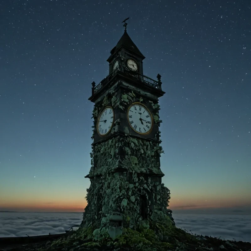 A single, selfreplicating cluster of crystalline lichen grows on the underside of a floating, inverted clock tower suspended in the middle of a vast, still sky made entirely of solidified twilight. The lichen does not photosynthesizeit absorbs the silence between heartbeats, its fronds pulsing with the faint, bioluminescent afterimage of a lullaby sung in a language that no longer exists. The clock tower does not tell timeit measures the weight of unspoken apologies, its hands made of braided moonlight and compressed regret, each tick echoing not as sound but as a ripple in the air that forms the shape of a hand reaching toward a door that was never opened. The sky above is not