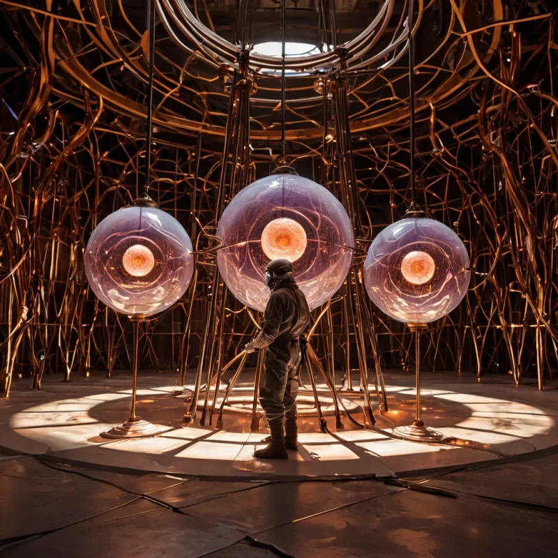 A horizontal, eyelevel wide shot of a colossal, suspended glassblowing workshop drifting through the dense, amberhued atmosphere of a lowgravity desert planet. The workshop is an intricate lattice of transparent reinforced silica tubes and warm, glowing copper frames, filled with swirling currents of heated air that keep molten glass spheres in perpetual, weightless motion. In the center, a master artisan wearing a sleek, protective suit of white ceramic plating with flexible leather joints uses a long, tapered staff of polished mahogany to shape a massive, rotating orb of iridescent, violethued glass that refracts the twin suns into a kaleidoscope of light on the surrounding walls. The floor is a dark, nonreflective slate,