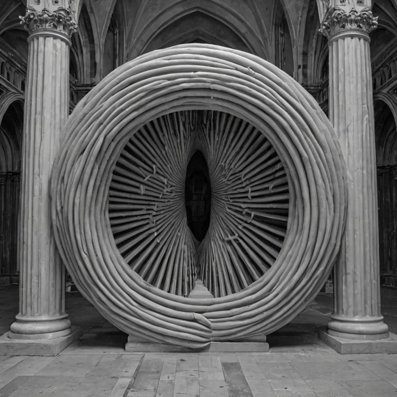 A single, selfilluminating filament of reversed silence, shaped like a 1029dimensional helix of unformed stillness and inverted quietude, pulses at the center of a vast, inverted cathedral of solidified soundeach pillar carved from the exact moment between a chime ringing and its refusal to echo, a hymn beginning and dissolving into nonresonant air, a breath exhaled and collapsing into pure, unperceived absence. The filament does not silenceit unsilences, each trembling coil shedding a layer of acoustic potential that never coalesced into a shared resonance, reforming into ephemeral, obsidianthreaded afterimages shaped like the negative space between two mouths that never formed the same word
