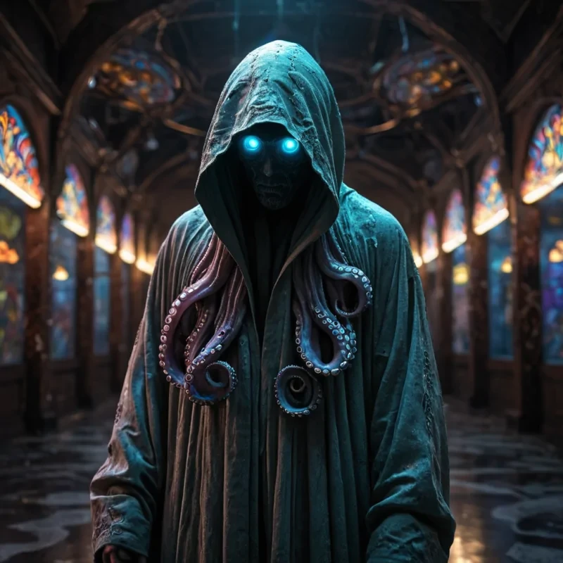 Photorealistic, Ultra HD portrait of a lone, sentient, neonlit holographic octopus, its ethereal form pulsating with intricate, bioluminescent fractal patterns, suspended in the heart of a vast, abandoned, neonlit arcade, with volumetric lighting casting dramatic shadows and emphasizing its dynamic, fluid movements, and a subtle, cool bokeh effect creating a sense of isolation and melancholy, as a spectral, ethereal figure, cloaked in a tattered, hooded robe, stands silently at the edge of the frame, their face obscured by shadows, adding an enigmatic, haunting touch to the otherwise abstract scene.