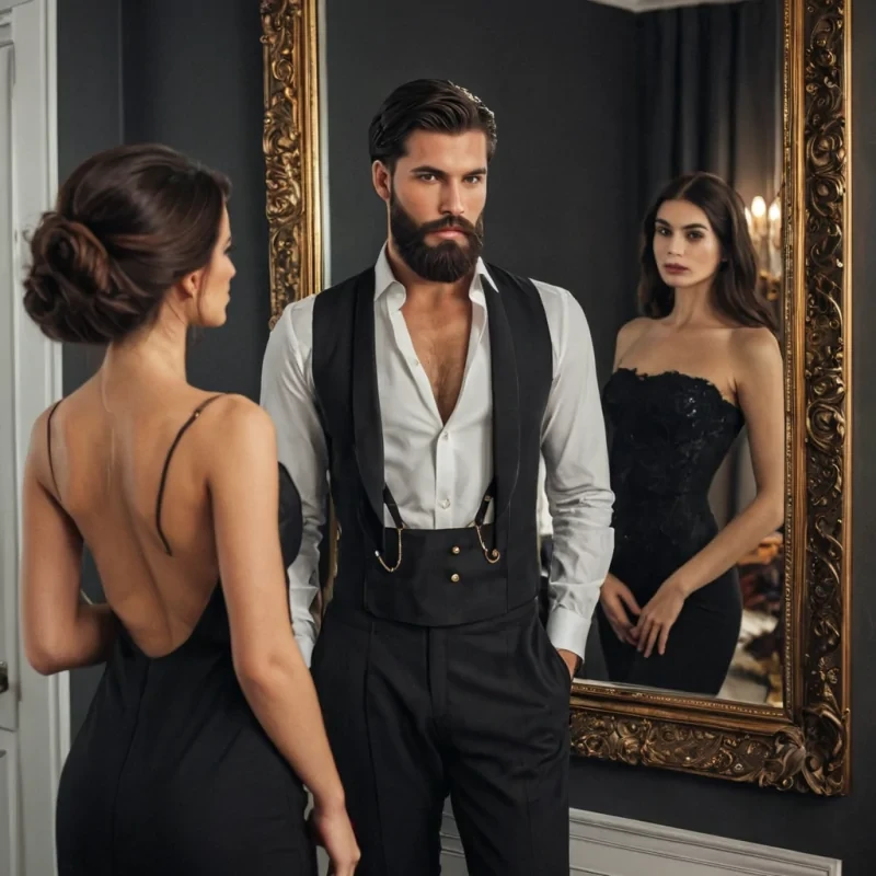 A very clear modern picture of a dark haired, modern handsome king with a beard along with beautifully dressed, brown haired women. He is standing in front of a mirror admiring himself..