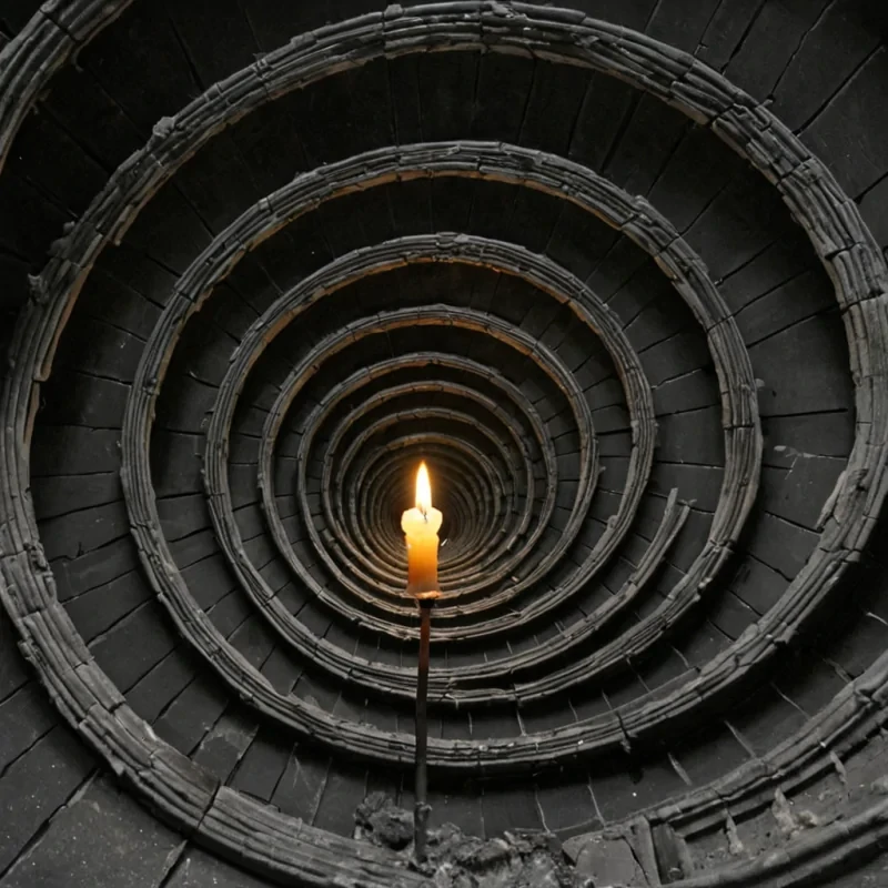 A single, selfsilencing spiral of liquid darkness, shaped like a threedimensional helix of unformed gravity, rotates at the center of a vast, inverted cathedral built from the compressed, unlit moments of a civilization that communicated through the duration of synchronized, silent extinguishing of the same unlit candle. The spiral does not consumeit unburns, each rotation dissolving a layer of flame that never coalesced into a shared glow, reforming into ephemeral, onyxthreaded afterimages shaped like the negative space between two hands that never held the same wick in the same moment of mutual dimness. The cathedral is not sacredit is a stratified expanse of petrified absence, each arch a fossilized