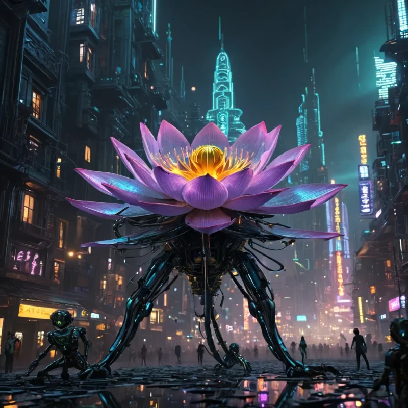 A colossal, ancient, mechanical lotus, its metallic petals unfurling to reveal a labyrinthine, neonlit city within, blooms from the heart of a vast, undulating, obsidian plain. Suspended within the lotus stamen, a holographic, sentient, mechanical swarm of dragonflies dances, casting ephemeral shadows on the citys inhabitants sentient, robotic, reptilian creatures. Rendered in ultra HD, with volumetric lighting, atmospheric effects, and vibrant colors, evoking a sense of surreal, otherworldly wonder.