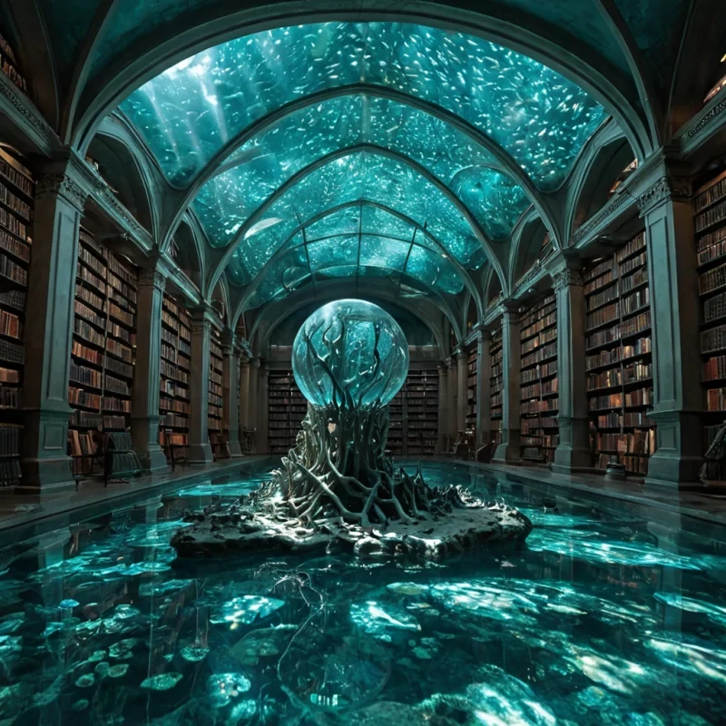A photorealistic, eyelevel wide shot of a submerged, cathedrallike library constructed from translucent, deepsea bioluminescent coral structures, situated at the bottom of a clear, turquoise lagoon. The vaulted ceiling is formed by the interlocking ribs of a massive, ancient whale skeleton, draped in flowing, semitransparent kelp forests that sway gently in the current. Sunlight penetrates the water from above, creating shimmering, caustic light patterns that dance across the polished, shellencrusted floor. Instead of traditional books, the shelves are filled with thousands of floating, spherical glass orbs, each containing a suspended, frozen moment of time in vibrant, saturated colors. In the foreground, a sleek, futuristic diving