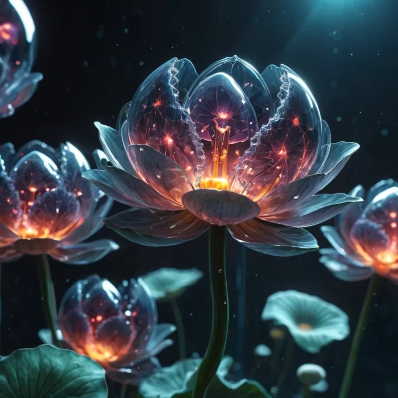 Photorealistic, titanic, glasslike, lotus pod, its hyperrealistic, 4K, translucent petals unfurling to reveal ultra HD, neonkissed, cybernetic nebulae within. Volumetric lighting from unseen, pulsating, cybernetic hearts etches the pods ethereal, fractal form, casting intricate, dynamic, neonswathed shadows on the inverted, reflective void. Cinematic lighting bathes the scene in vibrant, otherworldly hues, with lens flare emphasizing the pods central, radiant, throbbing, glasslike heart, pulsating with captive, artificial, cybernetic energy.