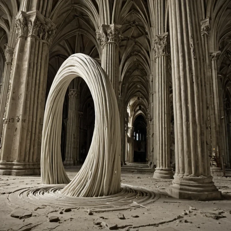 A single, selffragmenting filament of solidified gravity, shaped like a Mbius ribbon of inverted spacetime curvature, drifts at the center of a vast, inverted cathedral built from the compressed, unexperienced weight of a civilization that communicated through the duration of synchronized, silent standing. The filament does not pullit unanchors, each twist dissolving a layer of mass that never coalesced into a tangible object, reforming into ephemeral, onyxveined afterimages shaped like the negative space between two feet that never touched the same ground in the same moment of mutual balance. The cathedral is not sacredit is a layered expanse of petrified equilibrium, each pillar etched with the gravitational residue of a step