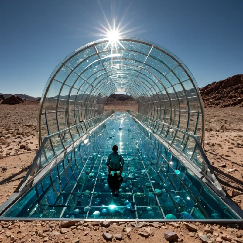 A horizontal, eyelevel wide shot of a suspended, horizontal glass bridge spanning a vast, luminous trench in a crystalline desert, where the ground below is composed of millions of smooth, polished spheres of varying sizes and hues, ranging from deep indigo to vibrant turquoise. The bridge is constructed from thin, transparent panes of tempered glass, reflecting the harsh, white sunlight of a twinsun system above. In the center, a geologist with tanned skin and wearing a lightweight, breathable suit of woven, silvergrey synthetic fibers kneels on the glass, examining a cluster of floating, metallic dandelionlike structures that drift on the thermal updrafts. These structures have stems made of brushed steel and petals of iridescent mica