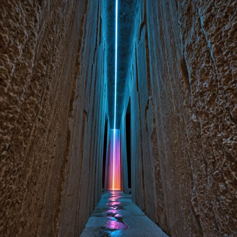 A highspeed, longexposure photograph of a dense, rolling cloud of bioluminescent, tealcolored pollen drifting through a narrow, vertical corridor of raw, porous travertine stone. The pollen grains are not dusty but appear as thousands of individual, glowing, hexagonal prisms that leave faint, trailing streaks of electric blue light as they move. The travertine walls are textured with deep, vertical striations and small, circular pores, each filled with a drop of static, red mercury that reflects the passing light. In the center of the corridor, suspended by a single, taut thread of spun silver, hangs a massive, irregularly shaped shard of deep violet quartz. The quartz is fractured internally, creating a complex,