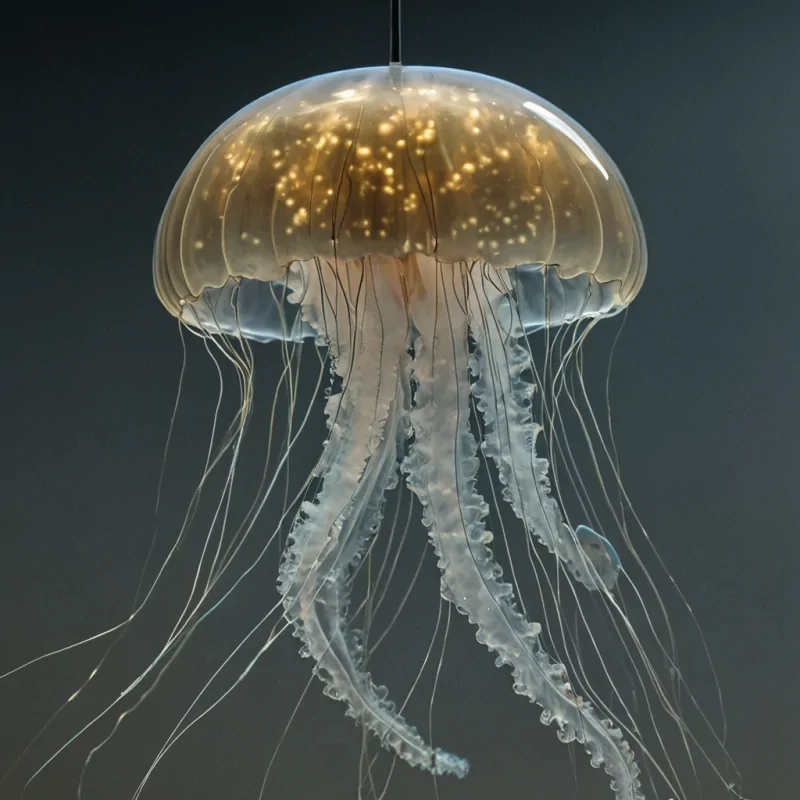 A hyperrealistic, sideprofile macro shot of a colossal, translucent jellyfish drifting through a dense, slowmoving fog of fine, powdery silver dust. The bell of the jellyfish is composed not of organic tissue, but of layers of flexible, transparent glass etched with microscopic, glowing gold circuitry that pulses with a warm, amber light. Its trailing tentacles are long, slender strands of liquid metal that ripple and fold in the air, each tip terminating in a tiny, perfectly spherical pearl of opalescent stone. The background is a deep, velvety black, punctuated by faint, distant points of light that resemble stars. The lighting is soft and diffused, emanating from within the glass bell, casting a
