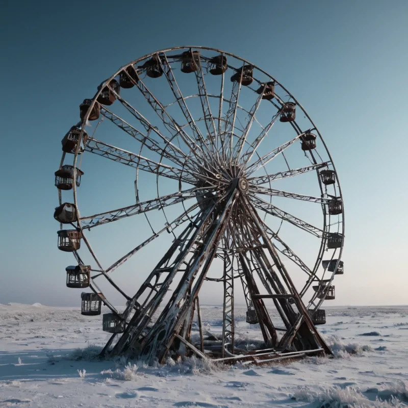 A colossal, ancient, derelict Ferris wheel, its rusted, skeletal frame looming over a desolate, frostkissed tundra, stands as a silent sentinel to a forgotten era. The wheels colossal, dormant carriages, crafted from a labyrinth of interlocking, iridescent ice crystals, cast dynamic, ethereal shadows across the barren landscape, revealing intricate, ancient runes etched into the glistening, snowcovered terrain. Within, a lone, spectral figure, clad in a tattered, vintage carnival barkers uniform, drifts through the desolate space, their form composed of swirling, frostkissed snowflakes. Ultra HD, cinematic