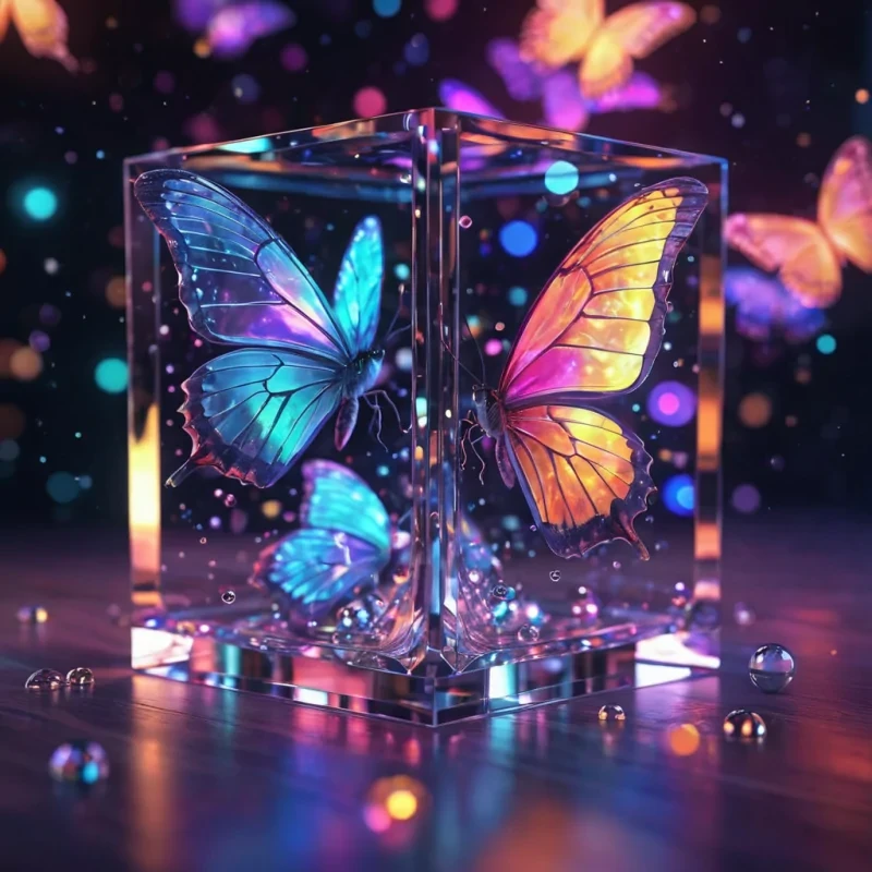 Hyperrealistic neon butterflies with reflective metallic wings fluttering in a cubic crystal chamber filled with iridescent quantum bubbles, holographic reflections dancing in dynamic lighting, bokeh effect, vibrant colors, 4K
