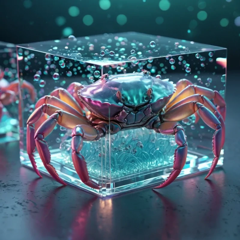 Hyperrealistic neon crabs with reflective metallic shells scuttling in a cubic aquamarine chamber filled with iridescent quantum bubbles, holographic threads weaving in dynamic lighting, bokeh effect, pastel tones, 4K