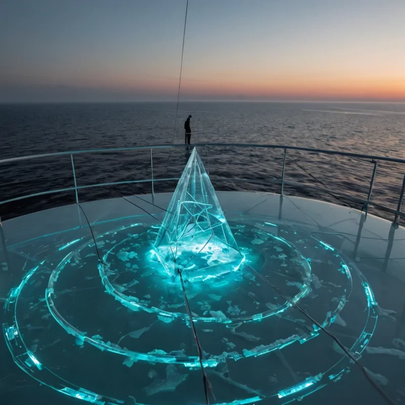 A horizontal, eyelevel medium shot of a suspended, circular observation deck constructed from seamless, frosted acrylic panels, overlooking a vast, churning ocean of liquid nitrogen that emits thick, swirling banks of white vapor. The deck floor is embedded with intricate, glowing circuit boards made of deep teal circuitry that pulses with rhythmic, icy blue light, mirroring the temperature of the cryogenic sea below. Hovering just above the surface of the vapor are dozens of delicate, geometric kites made of translucent, thinglass shards, each tethered to the deck by slender, silver wires that catch the ambient, diffuse glow of three pale, distant stars. In the foreground, a solitary figure wearing a sleek, minimalist suit made of matte, charcoal